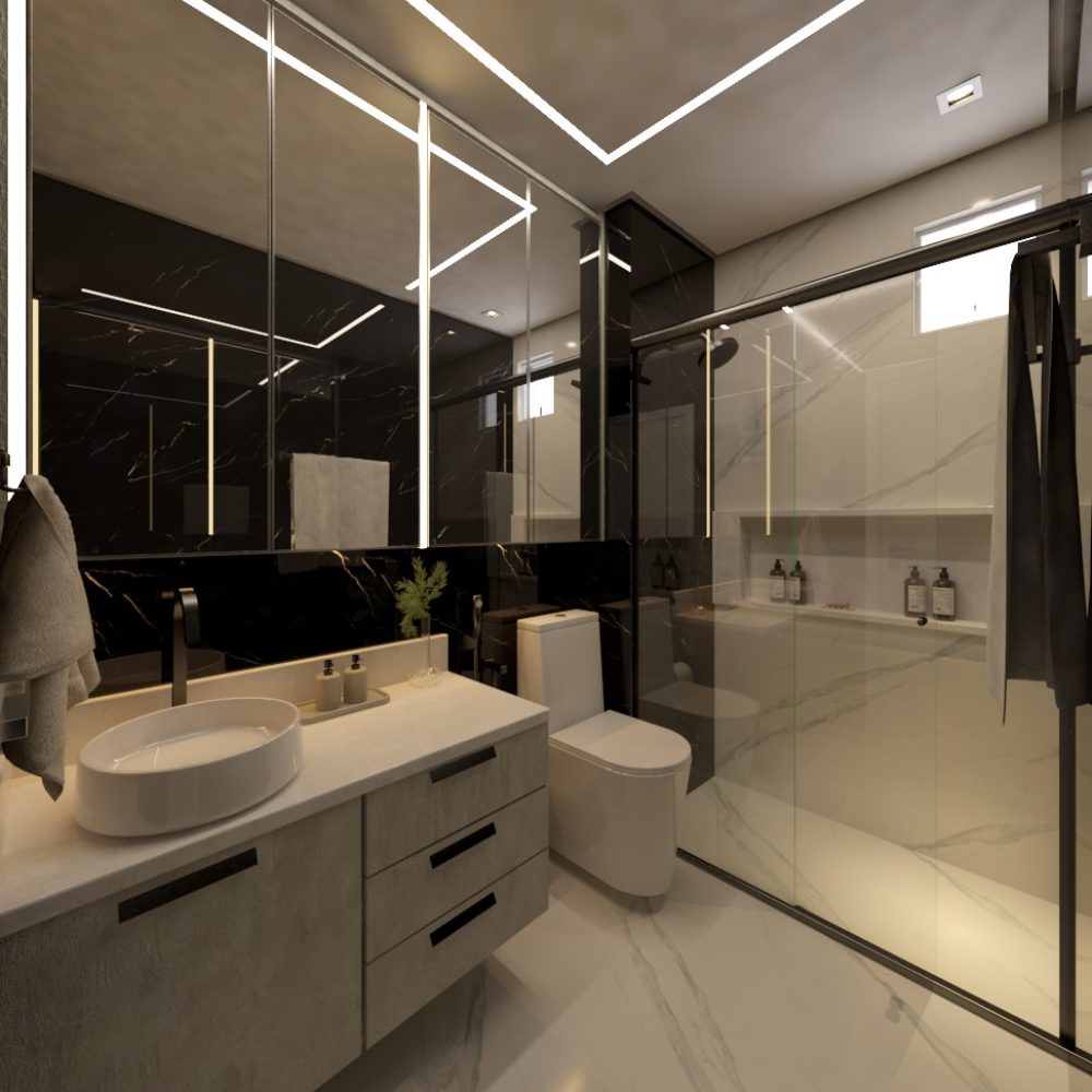 Design de um banheiro luxuoso, voltado à ideia de refletir um ambiente luxuoso que combinasse com o padrão do restante da casa