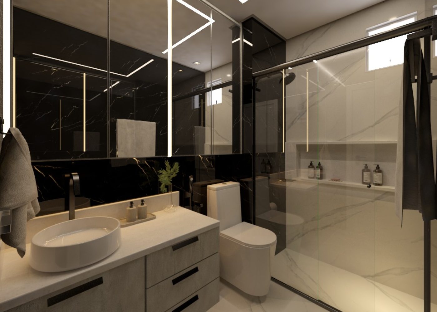 Design de um banheiro luxuoso, voltado à ideia de refletir um ambiente luxuoso que combinasse com o padrão do restante da casa