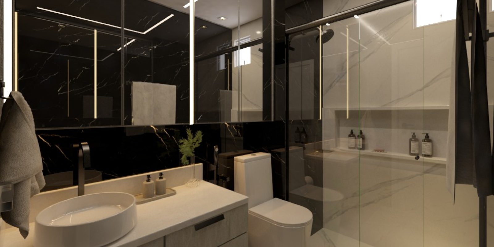 Design de um banheiro luxuoso, voltado à ideia de refletir um ambiente luxuoso que combinasse com o padrão do restante da casa